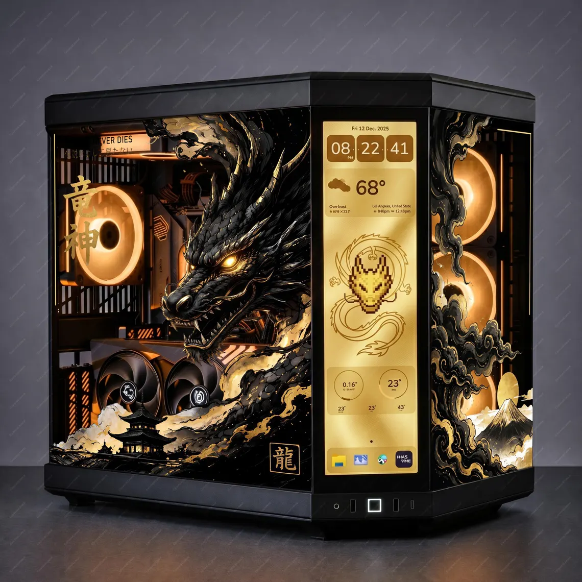Gabinete preto e dourado com arte de dragão